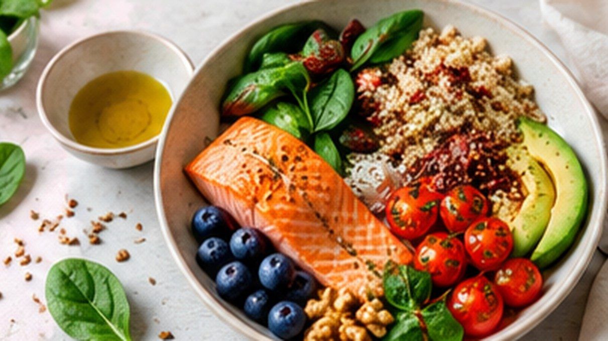 Balanced meal with salmon, vegetables, whole grains and healthy fats.