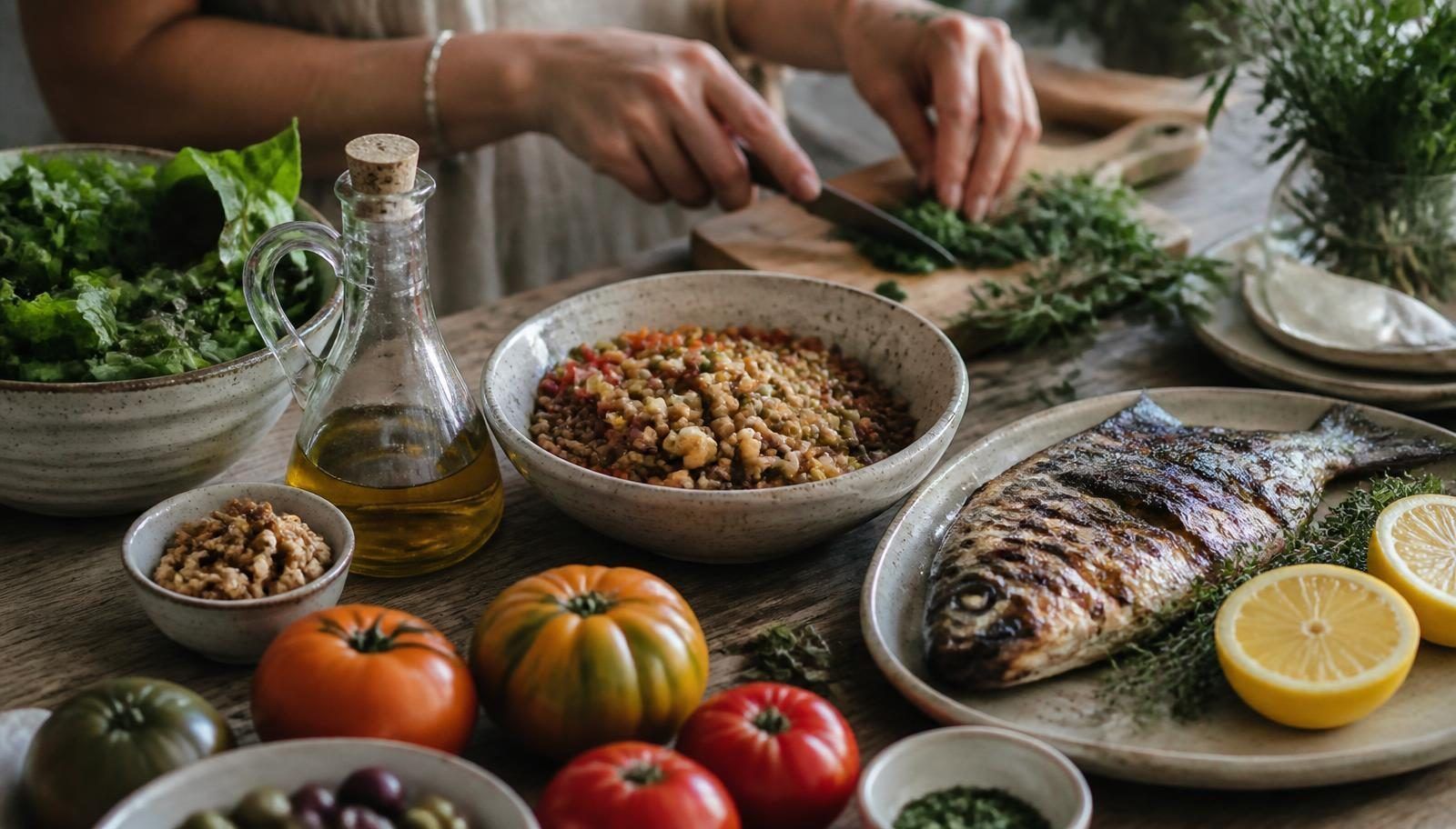 Mediterrane Mahlzeit auf einem Holztisch mit Gemüse, Hülsenfrüchten, Olivenöl, Kräutern, Walnüssen und Fisch