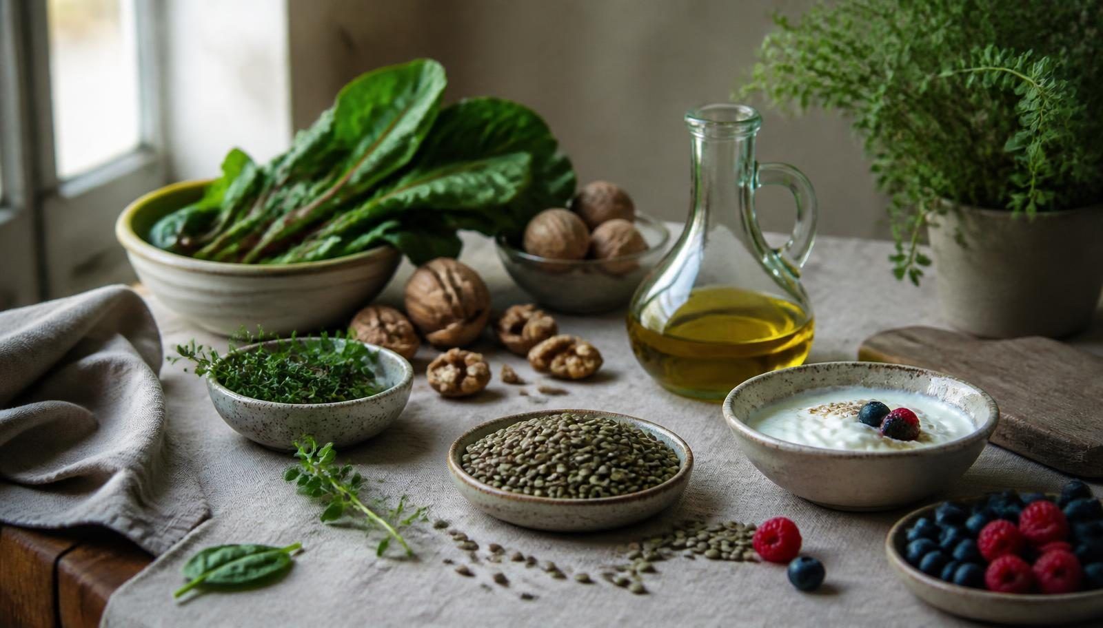 Tisch mit Gemüse, Hülsenfrüchten, Nüssen, Olivenöl, Kräutern und Beeren bei Tageslicht