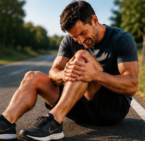 Läufer sitzt auf der Strasse und hält sein schmerzendes Knie nach dem Lauf