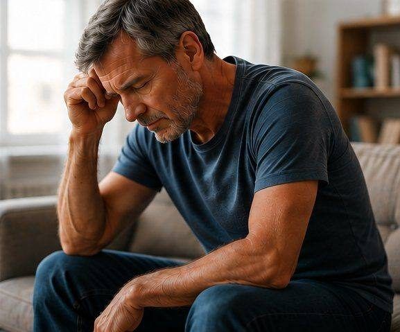 Man seated on a couch, hand to his forehead, worn down by chronic pain