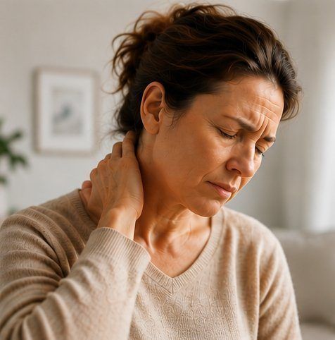 Woman holding the back of her neck, troubled by neck pain
