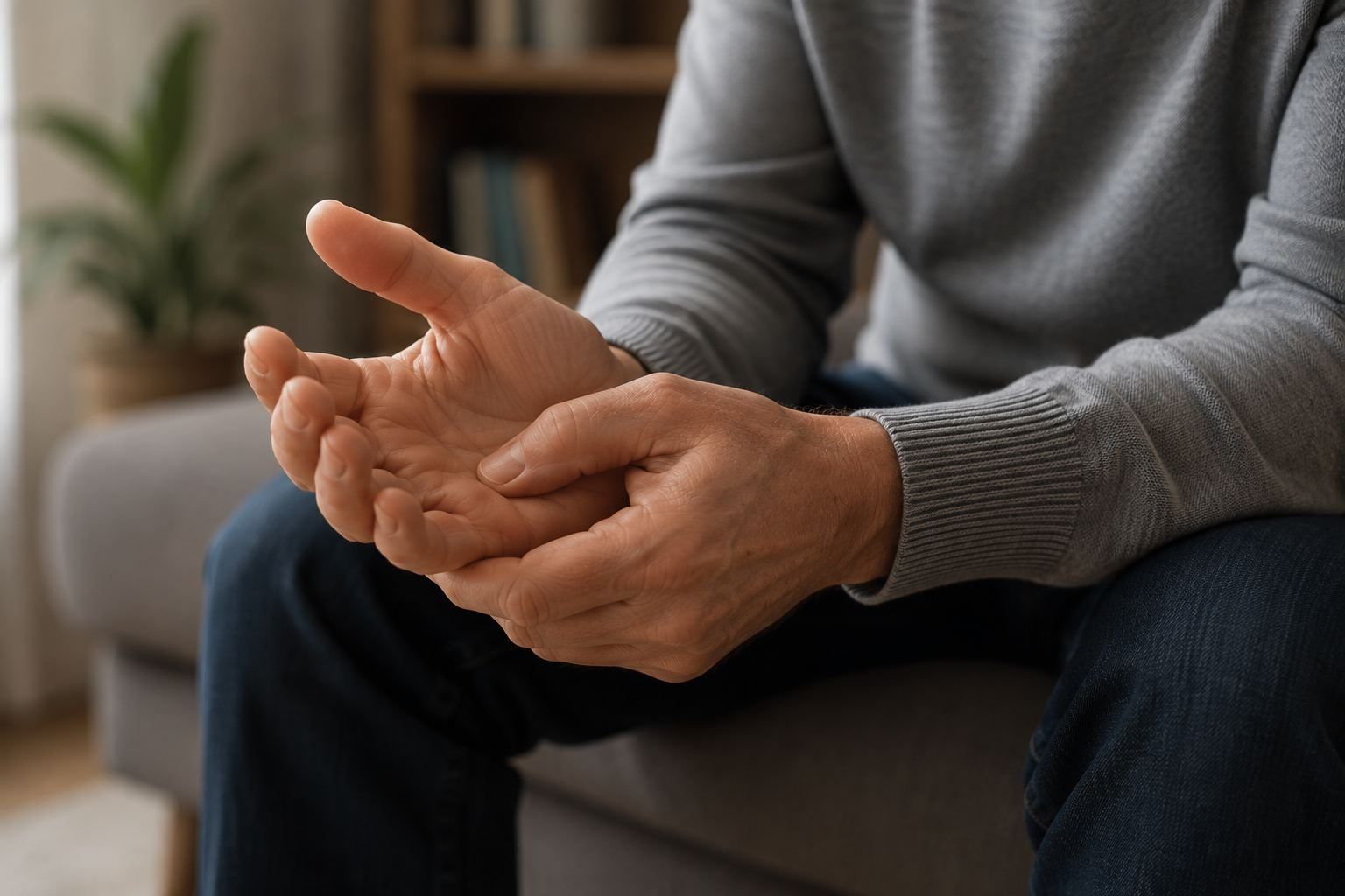 Mann sitzt und massiert seine schmerzende Hand, typisch für neuropathische Schmerzen